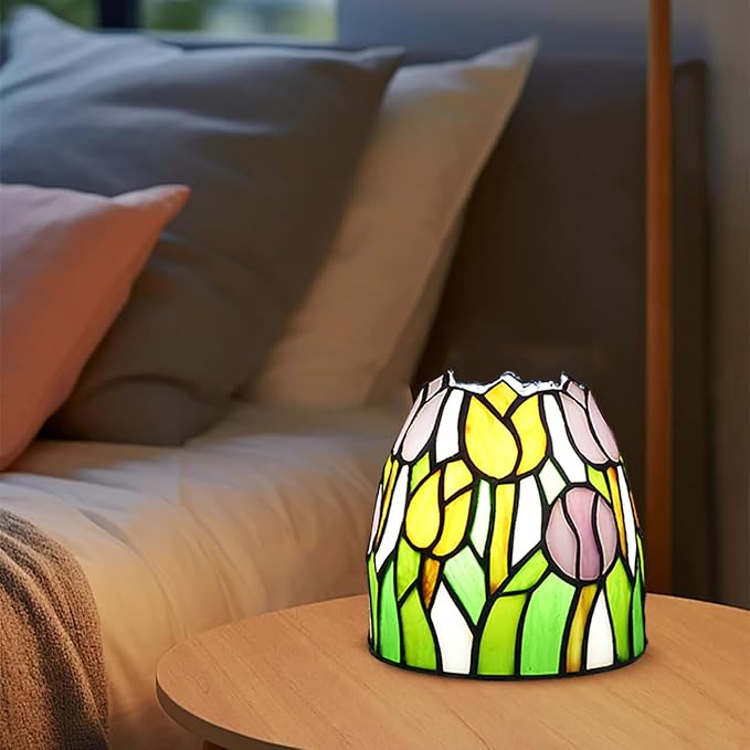 Tiffany Lamp Pink Yellow Tulips Small Stained Glass Table Light Retro Unique Nightstand Bedside Light for Home Decor Bedroom Living Room Boys Girls Christmas Gifts - Bloomnest