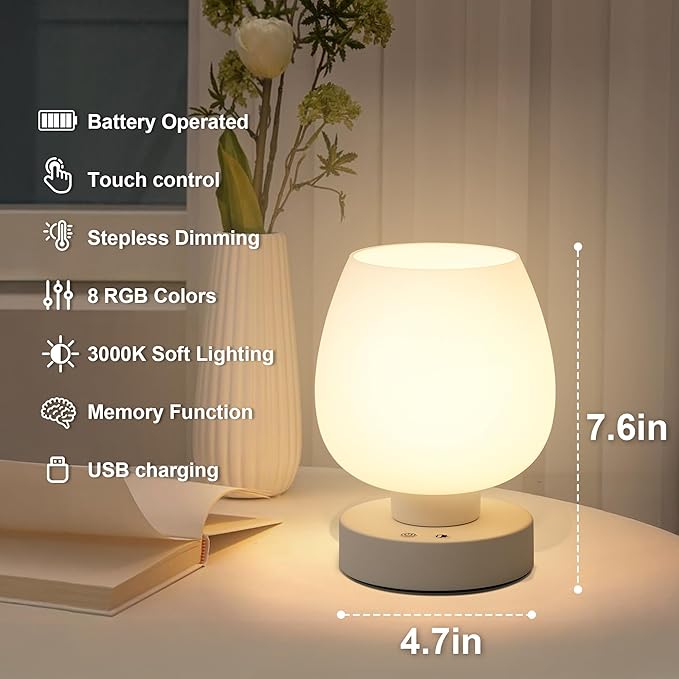Cordless Portable Touch Bedside Table Lamp - Rechargeable Modern Small Table Lamp with White Glass Shade, Stepless Dimmable & 8 RGB Colors & Memory, Desk Lamp for Nursery Bedroom Nightstand, Gifts - Bloomnest