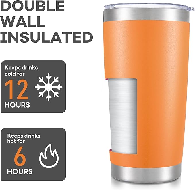20 oz Tumbler with Lid Stainless Steel Insulated Tumblers Bulk Double Wall Vacuum Cups Powder Coated Travel Mug Keep Drink Cold and Hot, Orange, 8 Pack