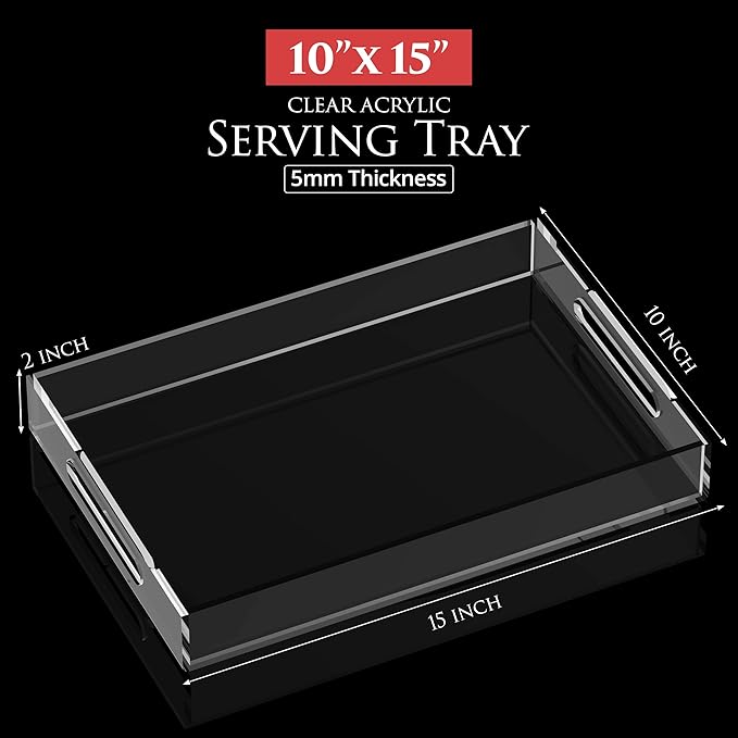 Acrylic Tray 15x10 with Cut Handles - Spill Proof Decorative Tray is an Ideal Countertop Organizer for Living Rooms, Ottoman Coffee Tables, Offices, Kitchens & Serving Guests - Bloomnest