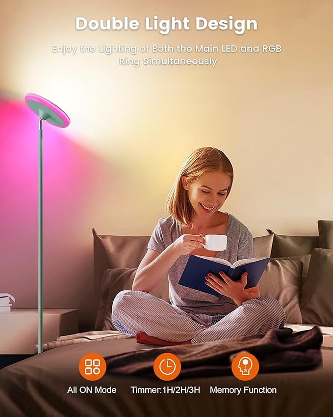 Bright Floor Lamp for Living Room, 42W LED Room Lights with Remote, 3700LM RGBW Modern Tall Standing Light, Color & Brightness Dimmable, UFO Ring Lamp,1/2/3H Timer for Bedroom,Office(Blue - Bloomnest
