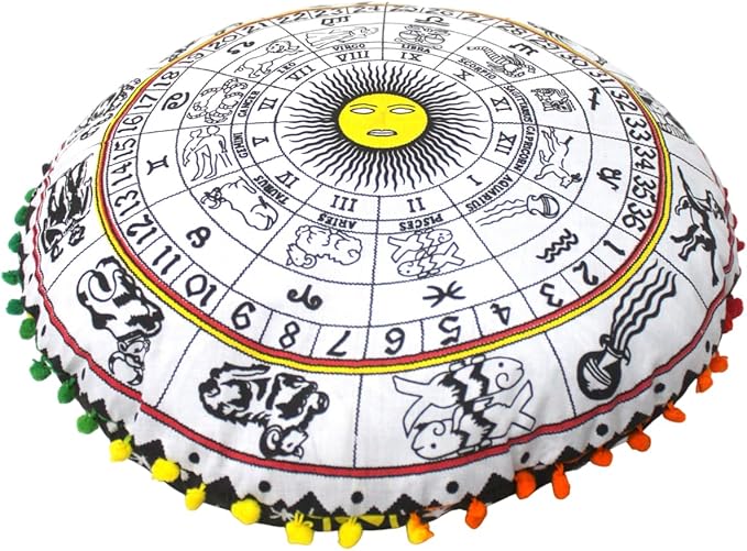 CRAFT KALA 22" Bohemian Floor Pillow Pouf Cover Mandala Boho Large Round Meditation Room Pillow Covers for Adults Seating Poufs Cushion Cover for Kids Playroom Yellow and White Zodiac - Bloomnest