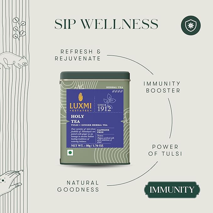 Luxmi Estates - Holy Basil - Organic Tulsi Tea - Loose Leaf - 50g (25 Cups) | With Tulsi and Ginger | Provides Immune Support, Stress Relief and Uplifts Mood - Bloomnest