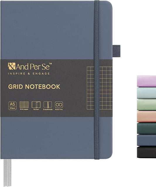 &And Per Se Graph Journal Notebook, 160 Pages, A5 5.7 x 8 inches 100 gsm Thick Paper Notebook Journals for Writing, Grid Hardcover Notebook(1 Pack, Dark Blue)