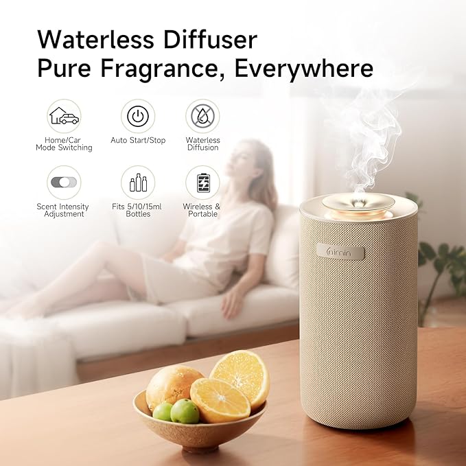 Auto-Start/Stop 2-in-1 Car Diffuser, Waterless Essential Oil Diffuser & Auto Air Freshener for Home Aromatherapy, Cordless Adjustable Fragrance Diffuser Compatible with 5/10/15ml Bottles - Bloomnest