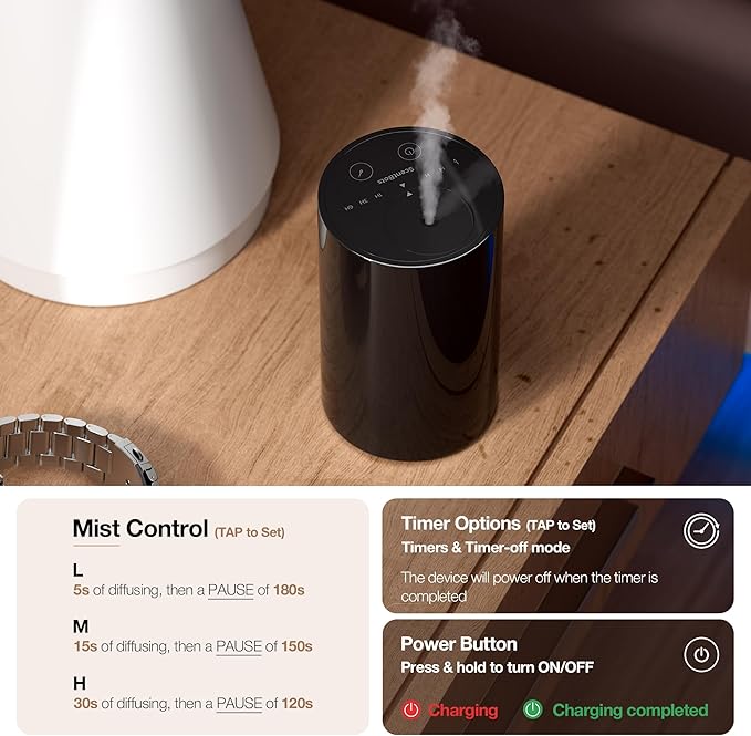 Waterless Essential Oil Diffuser, Battery Operated Aromatherapy Diffuser with 20mL Capacity, Mini Portable Scent Air Machine, 3 Countdown Timers & Mist Levels for Home Room Car Office, ANZ White - Bloomnest