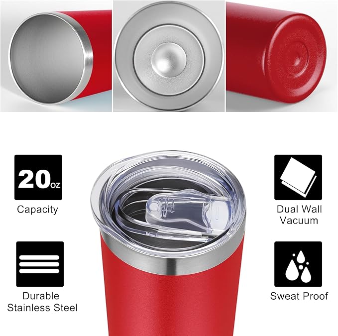 VEGOND 20 oz Stainless Steel Skinny Tumbler with Lids and Straws, 20oz Vacuum Insulated Slim Tumbler Cup, Double Wall Travel Tumblers Bulk for Cold Hot Drinks, Red 12 Pack - Bloomnest
