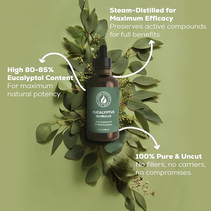 Aroma Country 100% Pure Eucalyptus Essential Oil – Organic & Undiluted Diffuser Oil, Humidifier, Steam Room & Shower Aromatherapy – Natural, Therapeutic Grade Oil for Skin, Sauna, & Home (4 Fl. oz) AromaCountry
