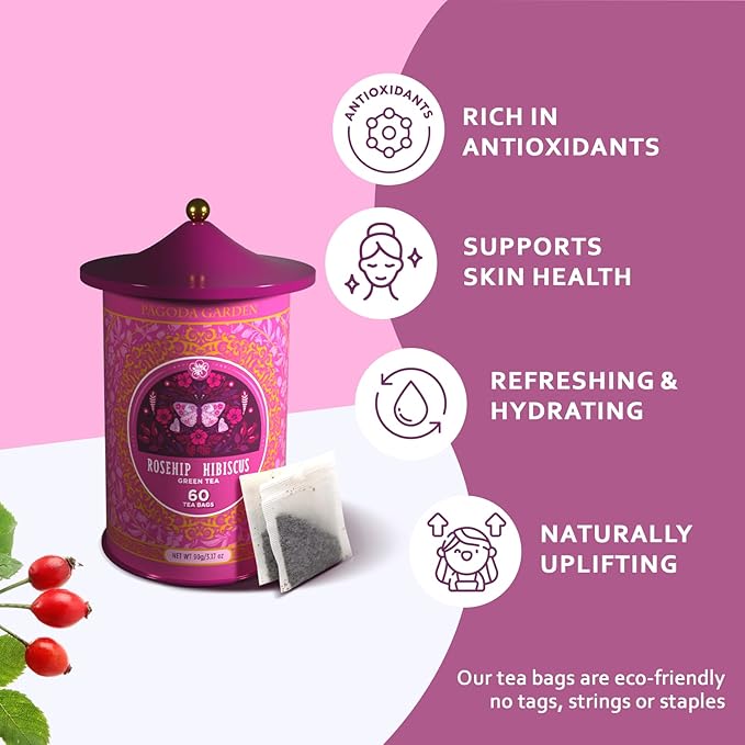 Life Plus Style Gourmet Pagoda Garden Rosehip Hibiscus Green Tea Organic Herbal Tea Caffeinated Hot or Iced Natural Ceylon Tea Antioxidants Supports Wellness 60 Tea Bags - Bloomnest