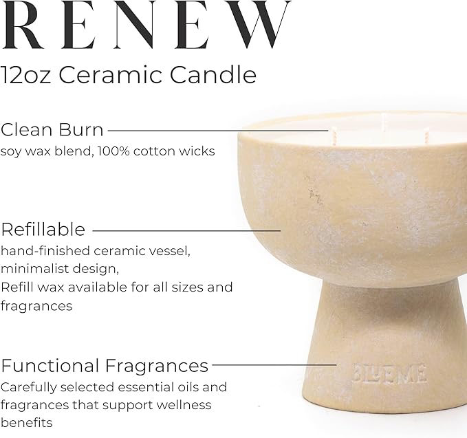 BLUEME Renew - Ivy & Rose, Luxury Candle w/Essential Oils, 3 Wick, Hand-Poured Soy, Cotton Wick, Ceramic - Bloomnest