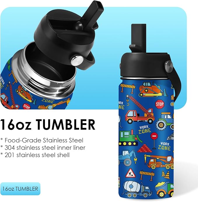 Construction Gifts for Men & Women - 16 Oz Water Bottle with Straw Lid, Stainless Steel Insulated Tumbler, Leak Proof, BPA-Free, for Boys, Travel - Truck Lovers Teen Birthday Gifts Cups(1pc) - Bloomnest