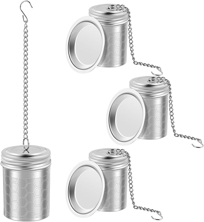 4PCS Tea Infuser Strainers with Drip Tray 304 Stainless Steel Tea Filter Strainer with Chain Hook Fine Mesh Tea Infuser Steeper Reusable Tea Strainers Easy to Use for Loose Tea Mulling Spices