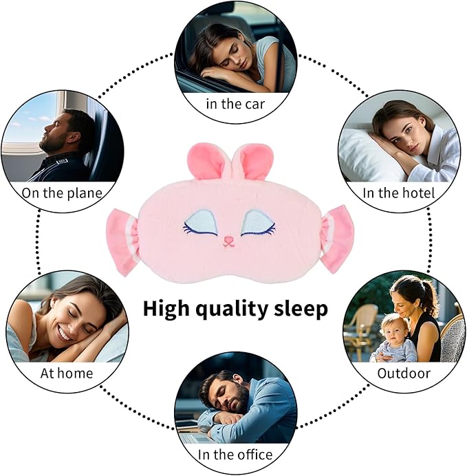 Cute Sleep Eye Masks for Kids, Kawaii Cartoon Kids Sleeping Mask for Women Boys Girls Teens, Soft Plush Adjustable Eyeshade Silk Travel Nap Eye Cover,Pink Candy Bunny - Bloomnest