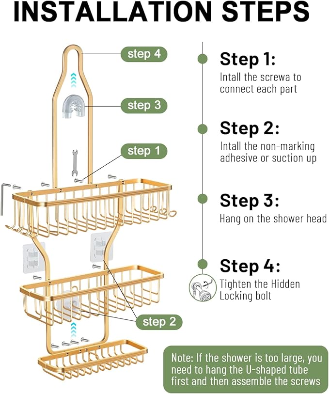 Shower Caddy Hanging - Never Rust Shower Hanging Organizer - Aluminum Over the ShowerHead Caddy with Soap Basket and 6 Razor/Sponge Hooks (Gold) - Bloomnest