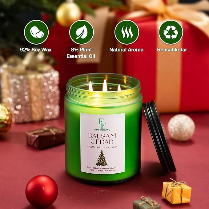 Large Christmas Candle Balsam Cedar Scented, 3-Wick 22oz Long Lasting Scented Candle, Natural Soy Wax Aromatherapy Candle for Home, Holiday Candle Gifts for Women Men - Bloomnest