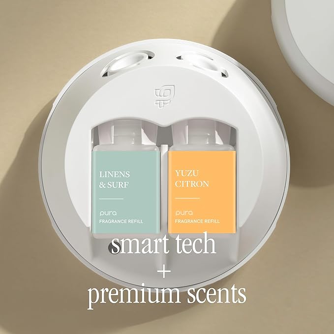 Pura - Smart Home Fragrance Device Starter Set - Pura 4 - Scent Diffuser for Home - Includes Fragrance Aroma Diffuser - Square Box, Linens & Surf and Yuzu Citron Scent Refills - Bloomnest