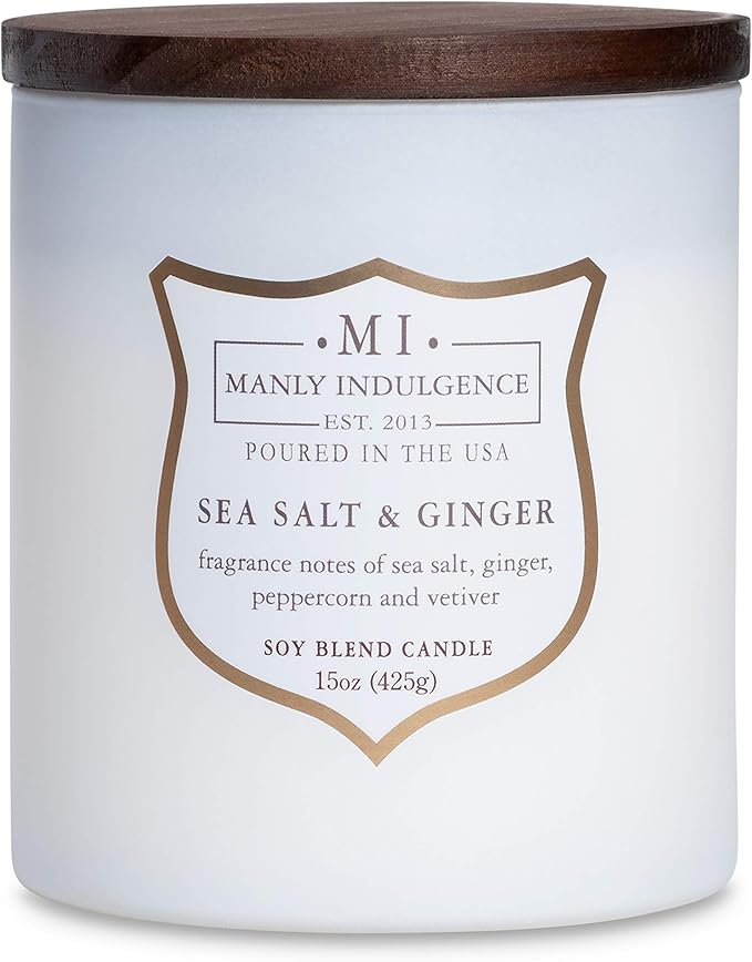 Manly Indulgence Sea Salt & Ginger Scented Candles for Men, 15 oz Wooden Wick, Premium Soy Blend Wax, 60H Burn, Candles for Home Scented - Made in The USA - Bloomnest