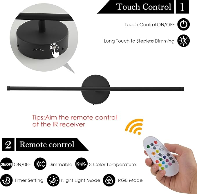 Battery Operated Wall Sconces Set of Two, with Remote Control, Dimmable, Warm White/Natural White/Daylight/RGB, 350°Rotate, LED Black Wireless Wall Light for Living Room, Bedroom, 24.4 Inch - Bloomnest