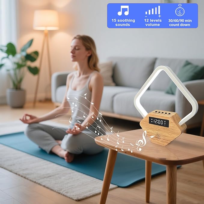 Wood Sunrise Alarm Clock with White Noise Machine 3 Color Night Light 15 Soothing Sounds Sleep Aid 30/60/90min Timer 10 Alarm Ringtones USB C PD Phone Charger Anniversary Birthday Gifts for Women Men - Bloomnest