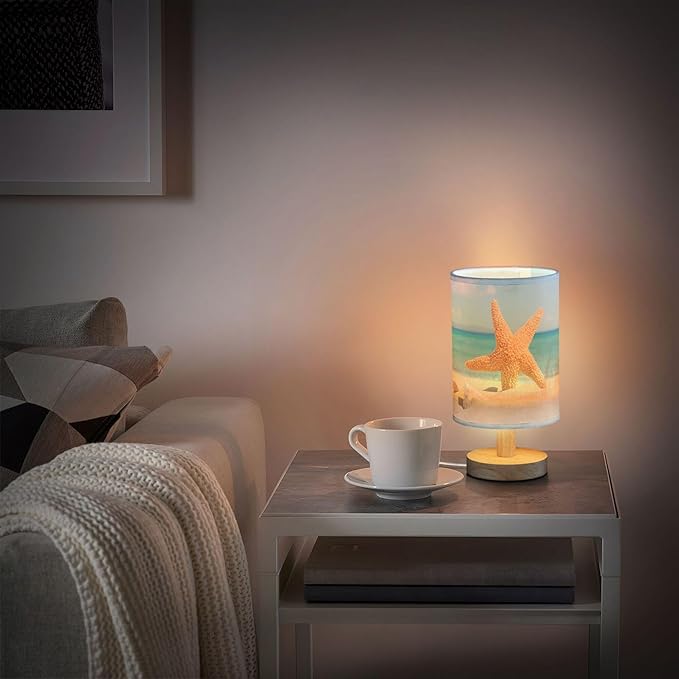 Table Lamp Ocean Beach Starfish Seashell Stone Blue Sky Nightstand Lamp with Wood Base Fabric Lamp Shade Bedside Desk Lamp for Living Room Bedroom Kids Room Office - Bloomnest
