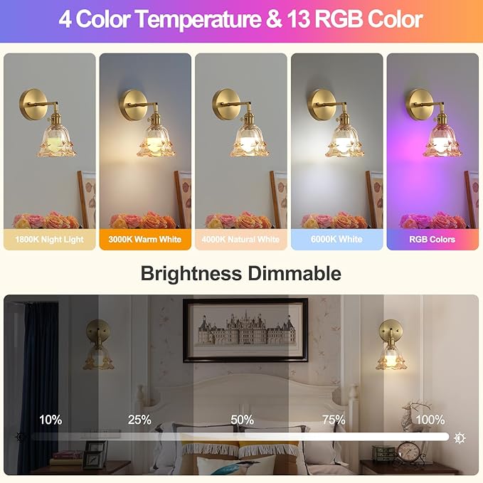 2 Pack Vintage Battery Operated Wall Sconces, Rose Amber Lampshade & 180 Degree Adjustable, Wireless Rechargeable RGB Wall Light with Remote Control, for Bedroom Living Room Hallway Aisle - Bloomnest