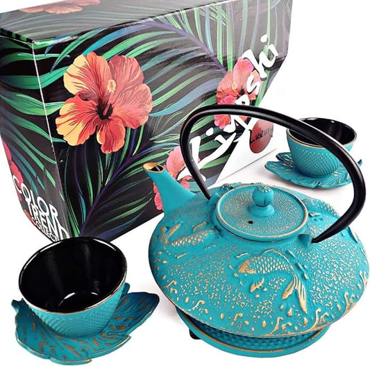 7PC Japanese Tea Set."Turquoise Koi" Cast Iron Tea Pot with 2 Tea Cups, 2 Saucers, Loose Tea Infuser and Teapot Trivet. Ceremonial Matcha Accessories