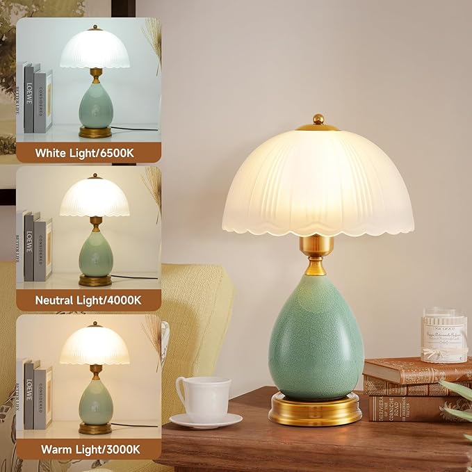 Table Lamps for Bedroom Vintage Golden Table Lamps for Bedroom Ceramic Retro Lamp for Living Room,16" Modern Bedside Nightstand Traditional Lamps, Classic Chinoiserie Green Glass Lamp for Home Decor - Bloomnest