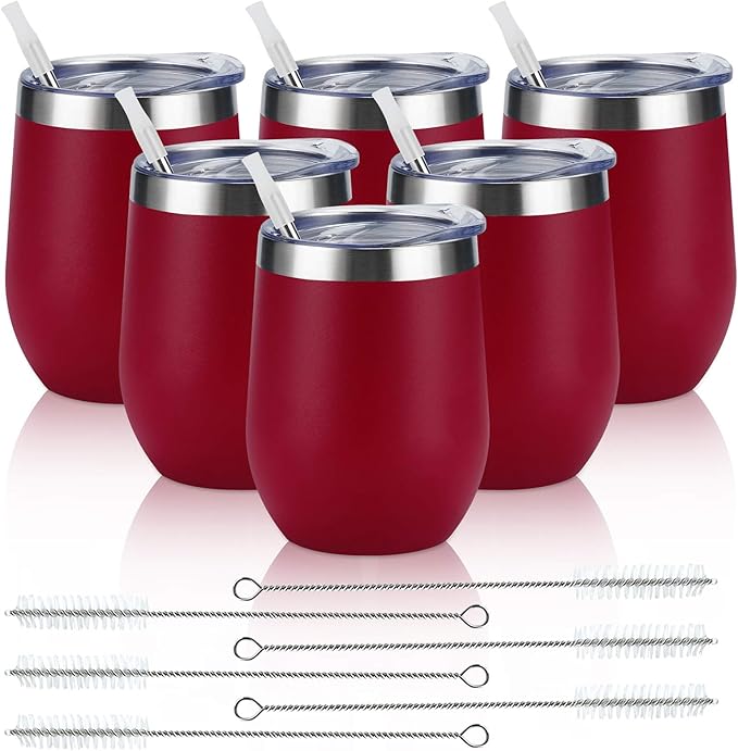 6 Pack Stainless Steel Wine Tumblers, 12Oz Insulated Wine Tumbler, Double Wall Insulated Wine Glass, Stainless Steel Stemless Wine Cups with Lids for Coffee, Wine, Cocktails, Champaign, Wine Red - Bloomnest