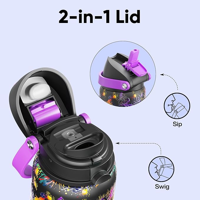 Insulated Water Bottle with Straw - Encool Stainless Steel Water Bottle with Push Button Lid, Leak-Proof & BPA-Free, Keeps Cold for 24 Hours for Sports, Travel, Gym (32 oz, Ghost Party) ENCOOL