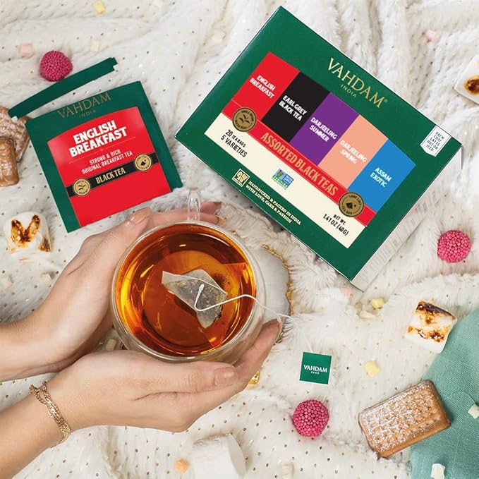 VAHDAM, Assorted Black Tea Bags Sampler (5 Flavors, 20 Ecofriendly Pyramid Tea bags) I Gift Ideas for Women & Men | Assam and Darjeeling Teas | Gluten Free & Non GMO | Gifts for Him/Her - Bloomnest