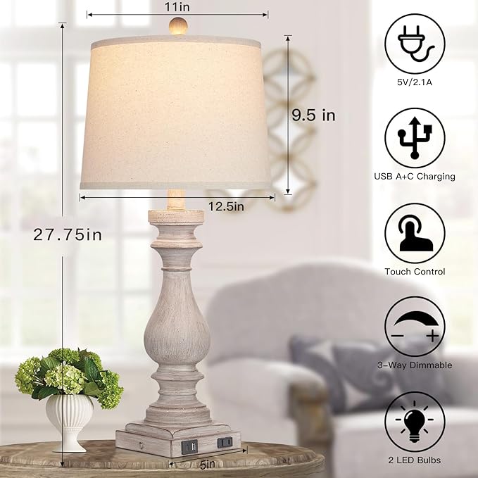 29" Tall Table Lamp for Living Room Set of 2,Vintage Bedside Nightstand Lamps with USB C+A Ports & AC Outlet,3-Way Dimmable Touch Control Desk Lamp for Bedroom,Color 2 - Bloomnest