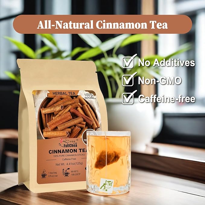 FullChea - Cinnamon Tea bags, 50 Teabags - Natural Cinnamon Sticks Tea for Relaxation - Caffeine-free - Support Better Sleep - Bloomnest