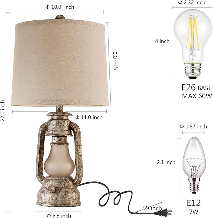 RORIANO Farmhouse Rustic Table Lamps for Living Room Set of 2, Vintage Lantern Table Lamp with Dual USB Ports, Retro Nightstand Lamp for Bedroom Bedside, 4 Bulbs Included (Iron Gray) - Bloomnest