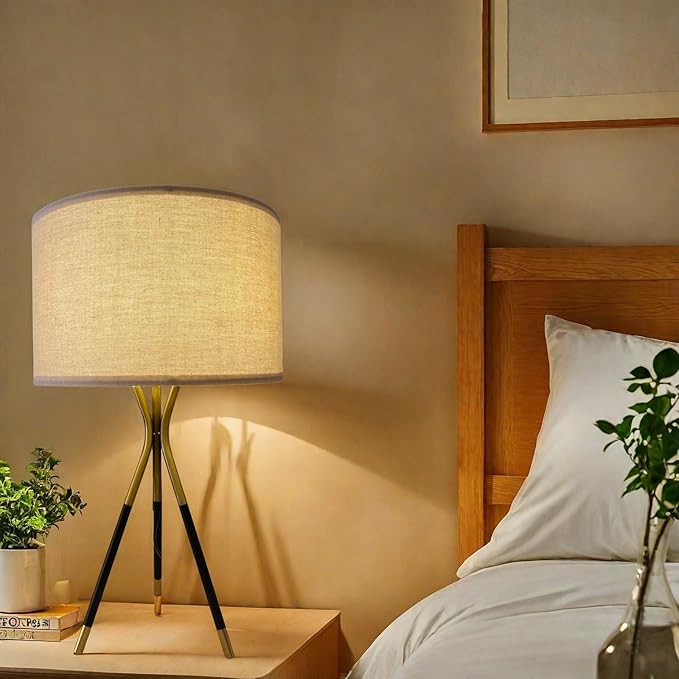 20.8" Modern Metal Tripod Table Lamp Set of 2, Nightstand Lamp with Beige Linen Lampshade, Side Table Lamp for Bedroom Living Room Coffee Table Home Office (Bulb Included) - Bloomnest