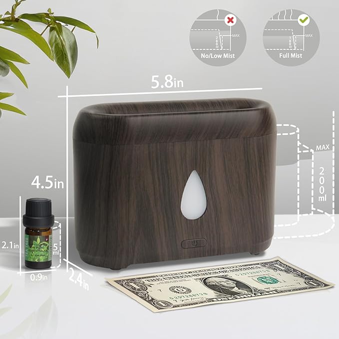 Flame Diffuser for Essential Oils, 200ml Ultrasonic Aroma Diffusers with Cool Mist, Aromatherapy Diffuser with Auto-Off Protection (Dark Wooden Grain(7 Colors), Peppermint+Lavender+Tea Tree+Lemon) - Bloomnest