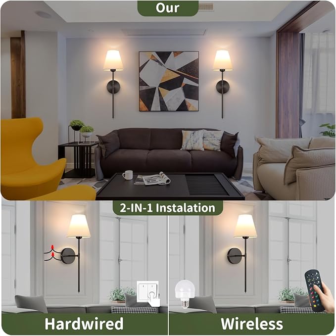 Battery Operated Wall Sconce Set of 2,15 Colors Wireless Wall Light With Dimmable Remote Control Last 18-50 Hours,Black Rechargeable Wall Lamp With White Fabric Shade For Living Room Bedroom Hallway - Bloomnest
