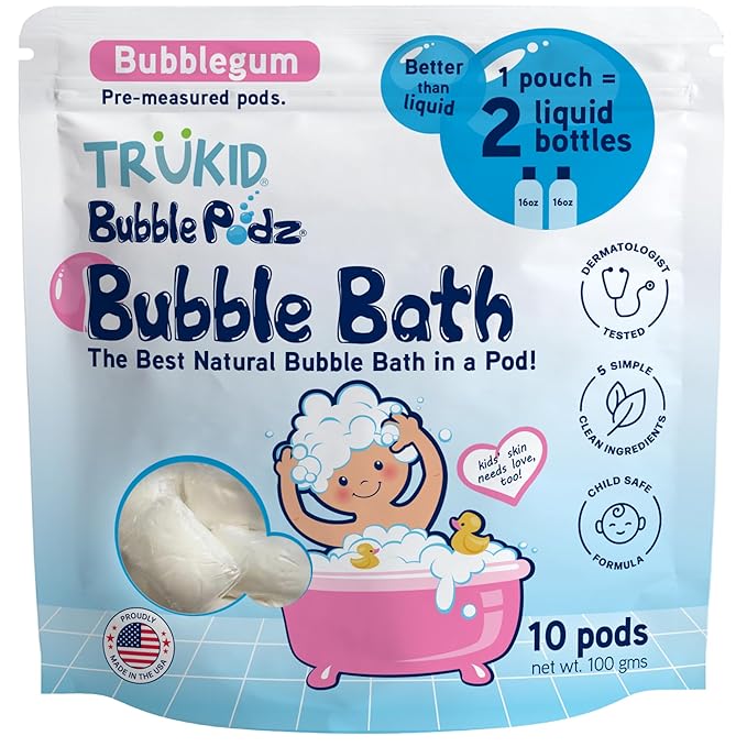 TruKid Bubble Podz Bubble Bath for Kids, Toddlers, & Babies, Tear Free Gentle & Refreshing Bath Bomb for Sensitive Skin with Natural Moisturizers, Non-Toxic, pH Balanced, Bubble Gum Scent (10 Podz) - Bloomnest
