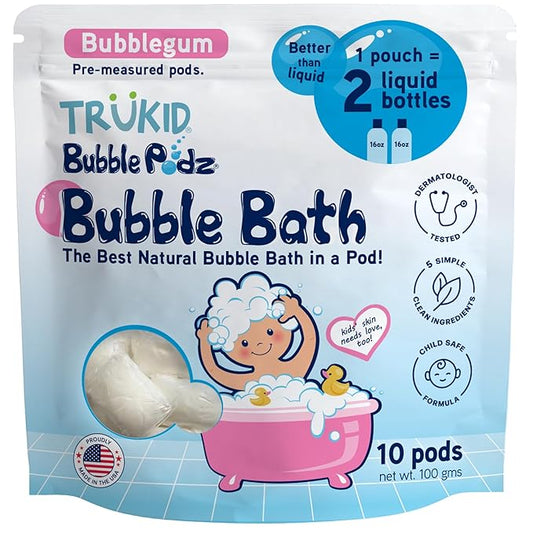 TruKid Bubble Podz Bubble Bath for Kids, Toddlers, & Babies, Tear Free Gentle & Refreshing Bath Bomb for Sensitive Skin with Natural Moisturizers, Non-Toxic, pH Balanced, Bubble Gum Scent (10 Podz) - Bloomnest