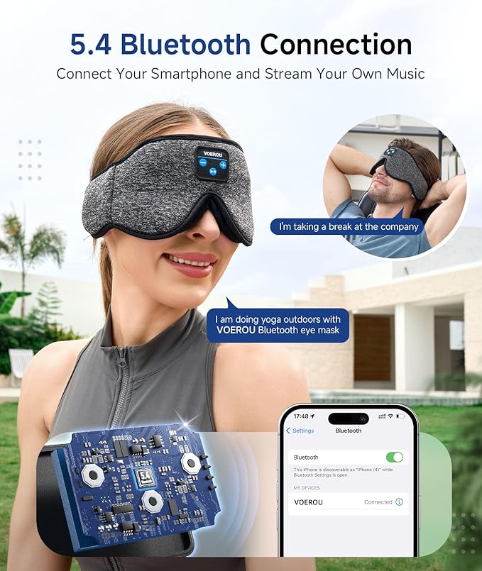 Voerou Sleep Mask with Bluetooth Headphones, Zero Pressure Wireless Sleeping Eye Mask, 100% Light Blocking Sleep Headphones for Side Sleepers, Suitable for Sleep Nap Travel, Cool Gadgets Unique Gifts - Bloomnest