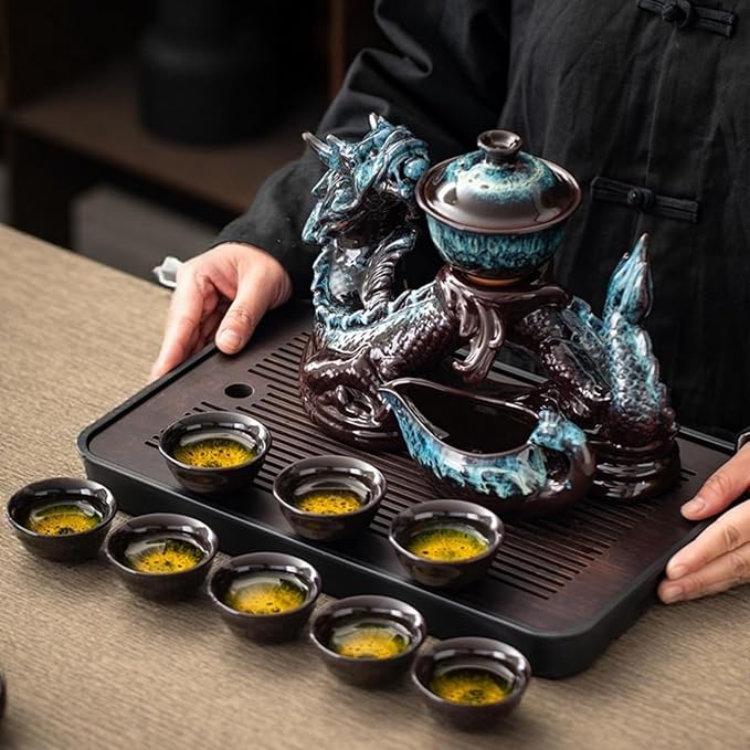 Chinese Gongfu Tea Set - Ceramic Teapot with Infuser, 8 Cups, Semi Automatic Dragon Design for Loose Leaf Tea