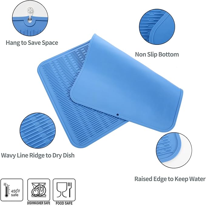 Silicone Dish Drying Mat for Multiple Usage,Easy clean,Eco-friendly,Heat-resistant Silicone Mat for Kitchen Counter or Sink,Refrigerator or Drawer Liner Lichen BlueL 3XL 28 inches x 18 inches - Bloomnest