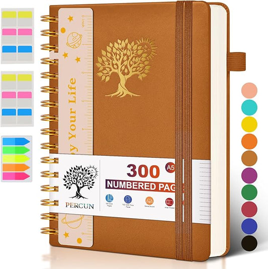 Spiral Notebook Journal for Women Men, 300 Numbered Lined Pages, College Ruled, A5 Hardcover Spiral Bound Notebook for School, Work, Note Taking Writing, Leather Spiral Journal Medium 5.9"x8.5" - Bloomnest