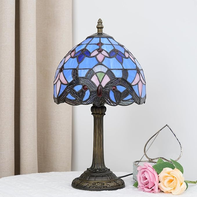 Tiffany Lamp Stained Glass lamp Small Bedside Table Lamps for Living Room Bedroom Dorm Kitchen Home Decor Festival Birthday Gift,Blue Baroque - Bloomnest