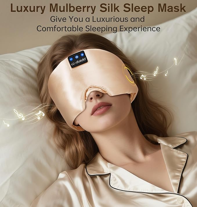 LC-dolida Luxurious Silk Soft Sleep Mask, Sleep Headphones with Bluetooth 5.4 for Side Sleeper, Total Blackout Eye Sleeping Mask for Women and Men, Ideal Gift for Restful Sleep, Travel(Champagne) - Bloomnest