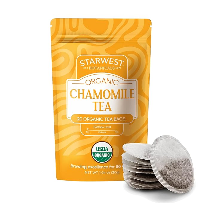 Starwest Botanicals Organic Chamomile Tea - Caffeine Free Herbal Tea, Supports Sleep & Relaxation, String Free Sachets, USDA Organic Chamomile, Non GMO - 20 Tea Bags - Bloomnest