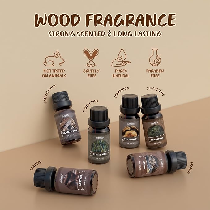 SALUBRITO Woody Fragrance Oils Set, Wood Essential Oil Set for Diffuse, Forest Pine, Sandalwood, Leather, Teakwood, Myrrh, Cedarwood Scented Oil for Candle, Soap Making - Bloomnest