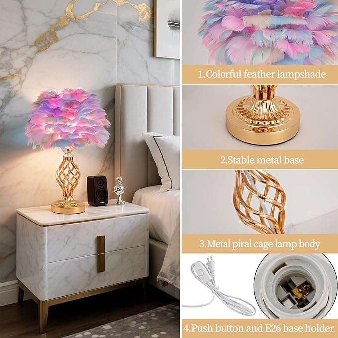 Colorful Feather Lamp Romantic Fluffy Bedside Lamp Creative Table Lamp Cute Goose Feather Nightstand Light for Girl Bedroom Living Room Hotel Office Entry Wedding - Bloomnest