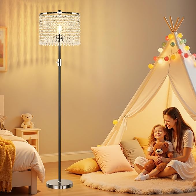 【Upgraded】 Dimmable Floor Lamps for Living Room, 1000LM LED Bulb Included, Standing Lamp with Crystal Lampshade, Tall Silver Pole Light for Bedroom Nursery Office Corner Reading - Bloomnest