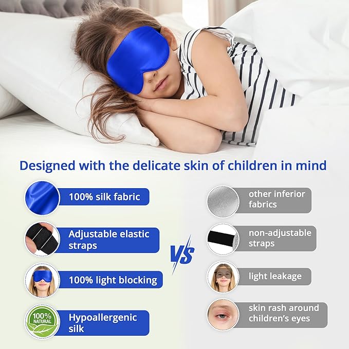 Kids Sleep Mask Eye Cover, 100% Real Natural Pure Silk Eye Mask with Adjustable Strap, Blindfold Kids Eye Mask for Sleeping, Eye Shade for Boys Girls and Adult, Pressure-Free Comfort (Royal Blue) - Bloomnest