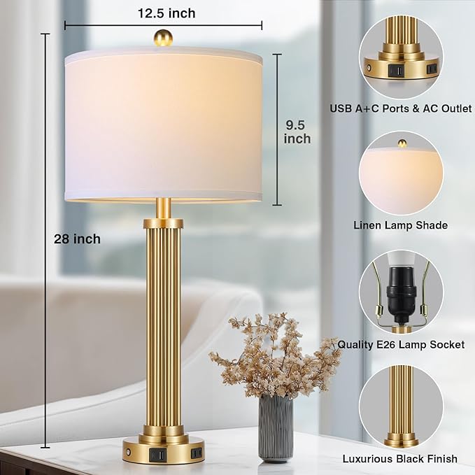 28" Tall Modern Table Lamps Set of 2 with USB C+A Ports and AC Outlet, 3 Way Touch Metal Bedside Lamps for Living Room, Gold Nightstand Lamps for Bedroom - Bloomnest